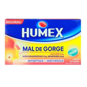 HUMEX MAL DE GORGE LIDOCAINE/ALCOOL DICHLOROBENZYLIQUE/AMYLMETACRESOL 2 mg/1,2 mg/0,6 mg MENTHE past