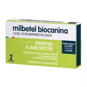 MILBETEL BIOCANINA 2,5MG/25MG COMPRIME PELLICULE PETIT CHIEN ET CHIOT PLAQ TFOR 2