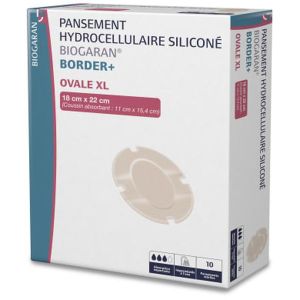 BIOGARAN BORDER PANSEMENT HYDROCELLULAIRE SILICONE OVALE XL 18 CM X 22 CM - REF M13852 BOITE 18*22 10