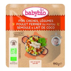 Babybio - Doypack Pois chiches légumes poulet fermier du Poitou semoule Coco BIO - dès 6 mois -190 g