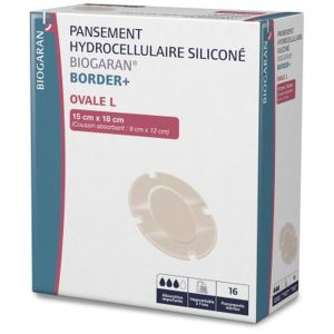 BIOGARAN BORDER PANSEMENT HYDROCELLULAIRE SILICONE OVALE L 15 CM X 18 CM - REF M13395 BOITE 15*18 16