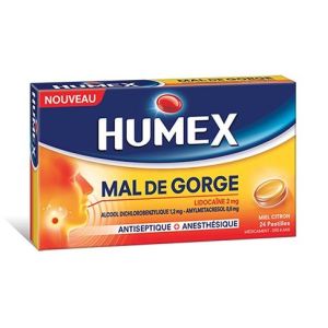 Humex Mal De Gorge Lidocaine/Alcool Dichlorobenzylique/Amylmetacresol 2 Mg/1,2 Mg/0,6 Mg Ciitron Pastille B/24