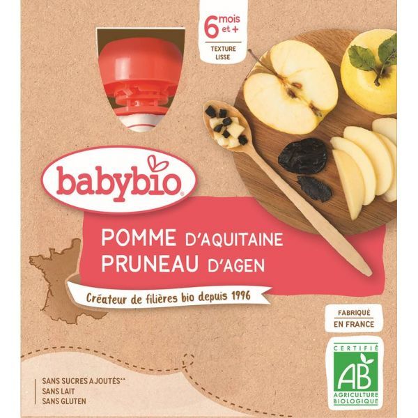 Babybio Gourde Pomme Pruneau BIO 6 mois - 4 x 90 g