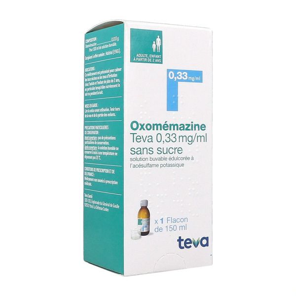 Oxomemazine Teva 0,33 Mg/Ml Sans Sucre Solution Buvable Edulcoree A L'Acesulfame Potassique 150 Ml En Flacon Avec Gobelet Doseur