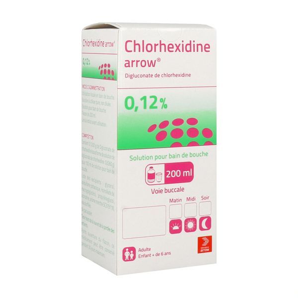 CHLORHEXIDINE ARROW 0,12% solution pour bain de bouche 200 ml en flacon transparent (Polyterephtalate d'ethylene) avec godet (Polypropylene)