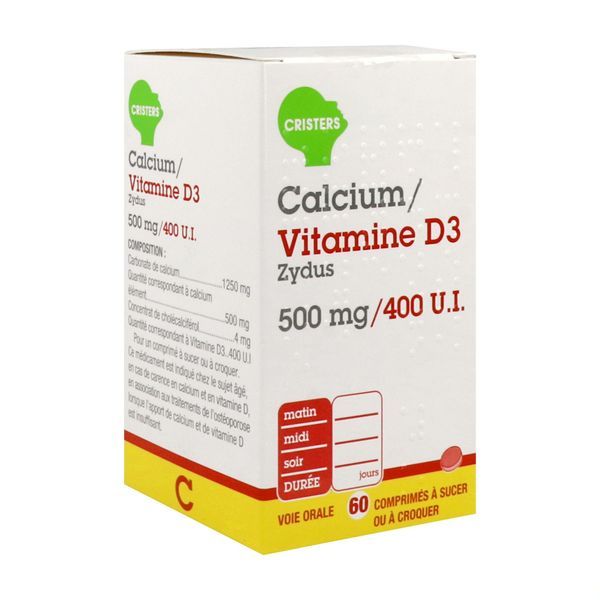 Calcium/Vitamine D3 Zydus 500 Mg/400 Ui Comprimes A Croquer Ou A Sucer B/60