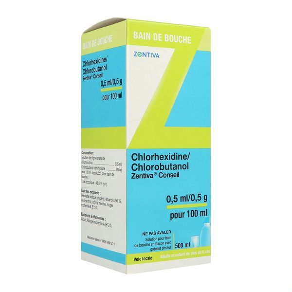 Chlorhexidine/Chlorobutanol Zentiva 0,5 Ml/0,5 G Pour 100 Ml Solution Pour Bain De Bouche En Flacon B/500