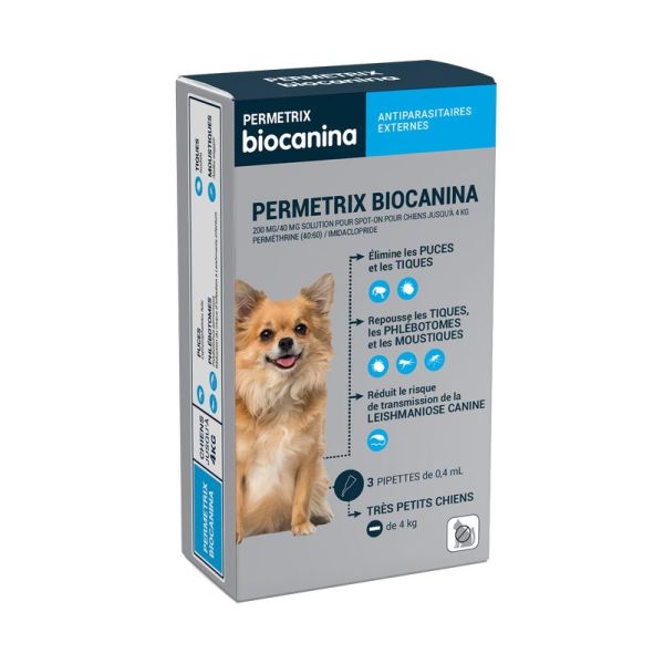 Permetrix Biocanina 200Mg/40Mg Sol Pr S-O Tres Petit Cn Jusqu A 4Kg Pipette 0,4 Ml 3