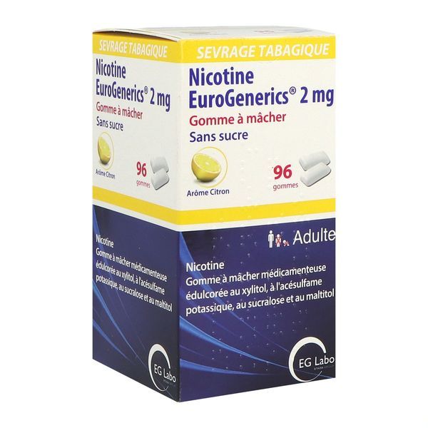 Nicotine Eurogenerics Citron 2 Mg Sans Sucre Gomme A Macher Medicamenteuse Edulcoree Au Xylitol A L'Acesulfame Potassique Au Sucralose Et Au Maltitol 