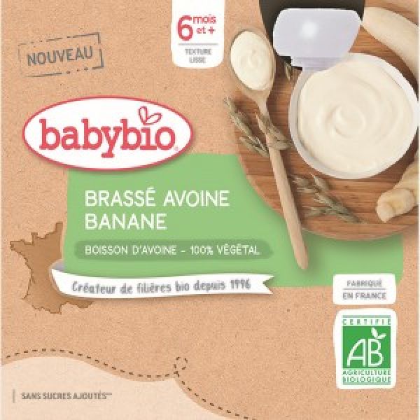 Babybio - Gourde brassé végétal base Avoine Banane BIO - 6 mois - 4 x 85 g