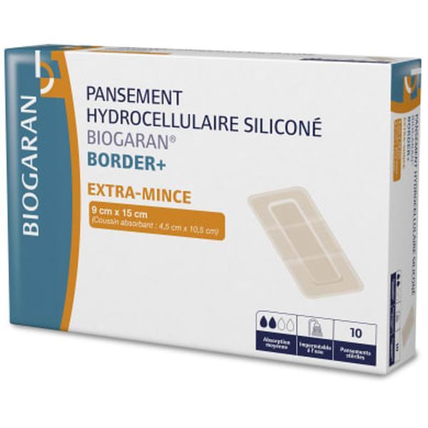 BIOGARAN BORDER PANSEMENT HYDROCELLULAIRE SILICONE EXTRA MINCE 9 CM X 15CM - REF M13000 BOITE 9*15 10