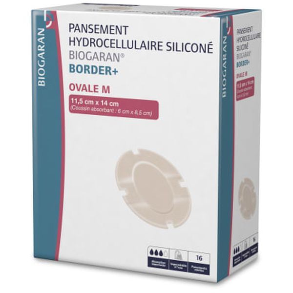 BIOGARAN BORDER PANSEMENT HYDROCELLULAIRE SILICONE OVALE M 11,5 X14 CM - REF M12996 BOITE 16