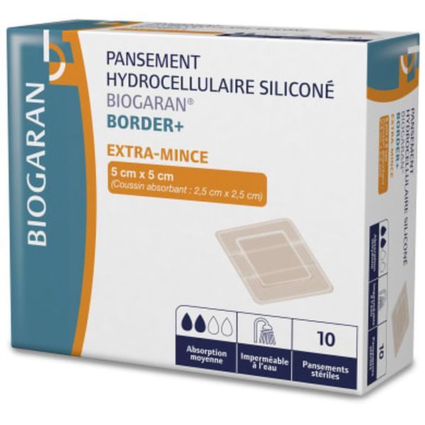 BIOGARAN BORDER PANSEMENT HYDROCELLULAIRE SILICONE EXTRA MINCE - REF M12984 BOITE 5*5 CM 10