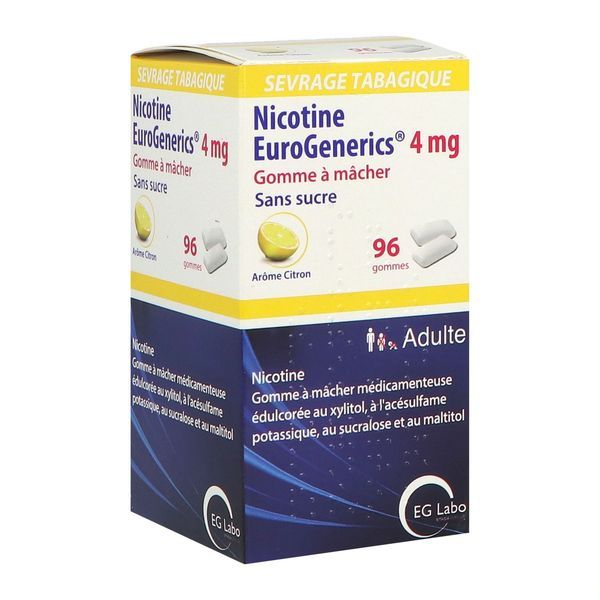 Nicotine Eurogenerics Citron 4 Mg Sans Sucre Gomme A Macher Medicamenteuse Edulcoree Au Xylitol A L'Acesulfame Potassique Au Sucralose Et Au Maltitol 