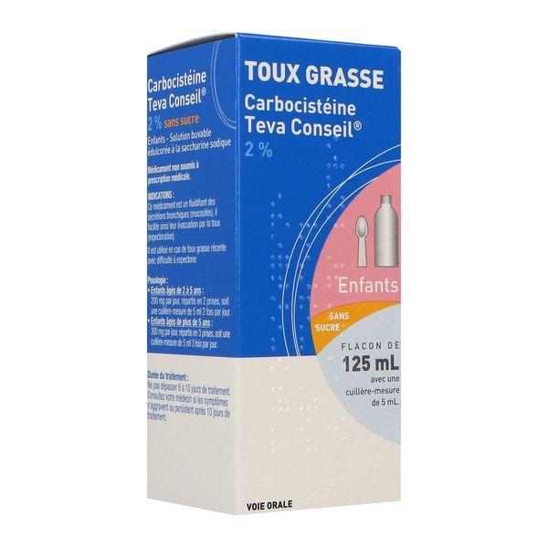 Carbocisteine Teva Conseil 2% Nourrissons Et Enfants Sans Sucre Solution Buvable Edulcoree A La Saccharine Sodique. B/125