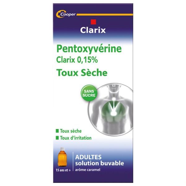 Pentoxyverine Clarix 0,15 % Adultes Solution Buvable Edulcoree Au Maltitol Liquide 1 Flacon(S) En Verre Jaune De 200 Ml