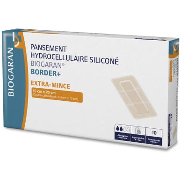 BIOGARAN BORDER PANSEMENT HYDROCELLULAIRE SILICONE EXTRA MINCE 10 CM X 20CM - REF M13396 BOITE 10*20