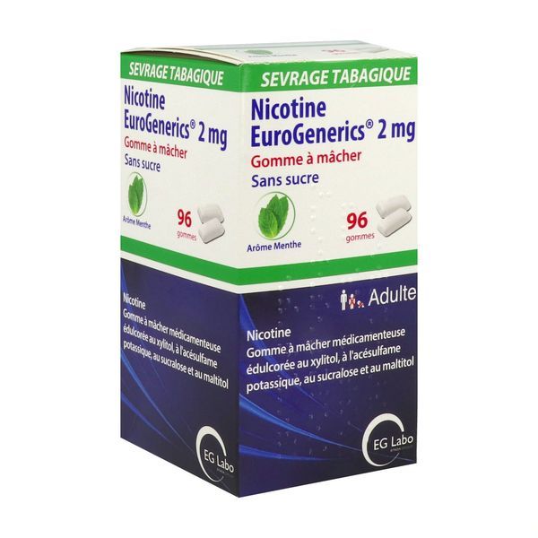 Nicotine Eurogenerics Menthe 2 Mg Sans Sucre Gomme A Macher Medicamenteuse Edulcoree Au Xylitol A L'Acesulfame Potassique Au Sucralose Et Au Maltitol 