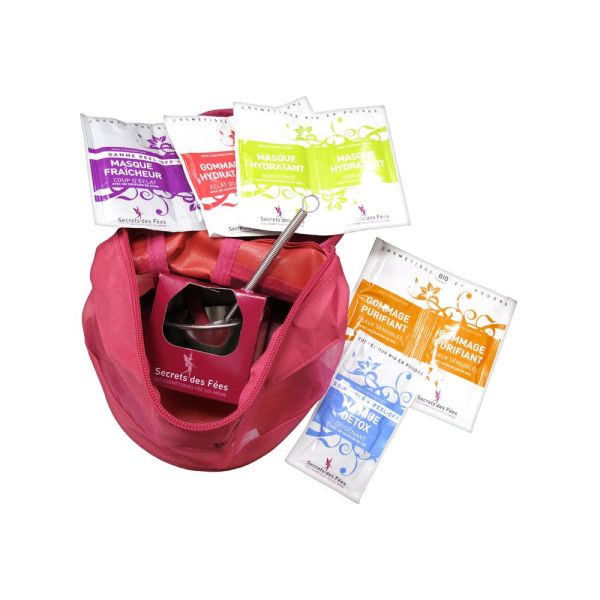 TROUSSE DE VOYAGE SECRET DES FEES VISAGE  (1 trousse voyage, 9 soins, 1 mesurette, 1 bol, 1 fouet)