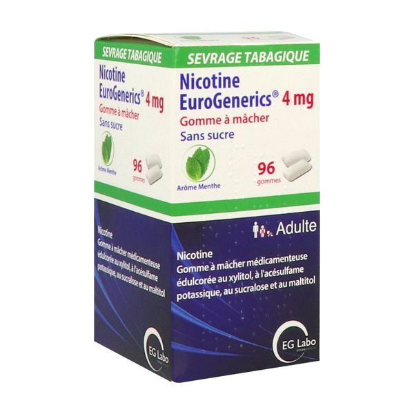 Nicotine Eurogenerics Menthe 4 Mg Sans Sucre Gomme A Macher Medicamenteuse Edulcoree Au Xylitol A L'Acesulfame Potassique Au Sucralose Et Au Maltitol 